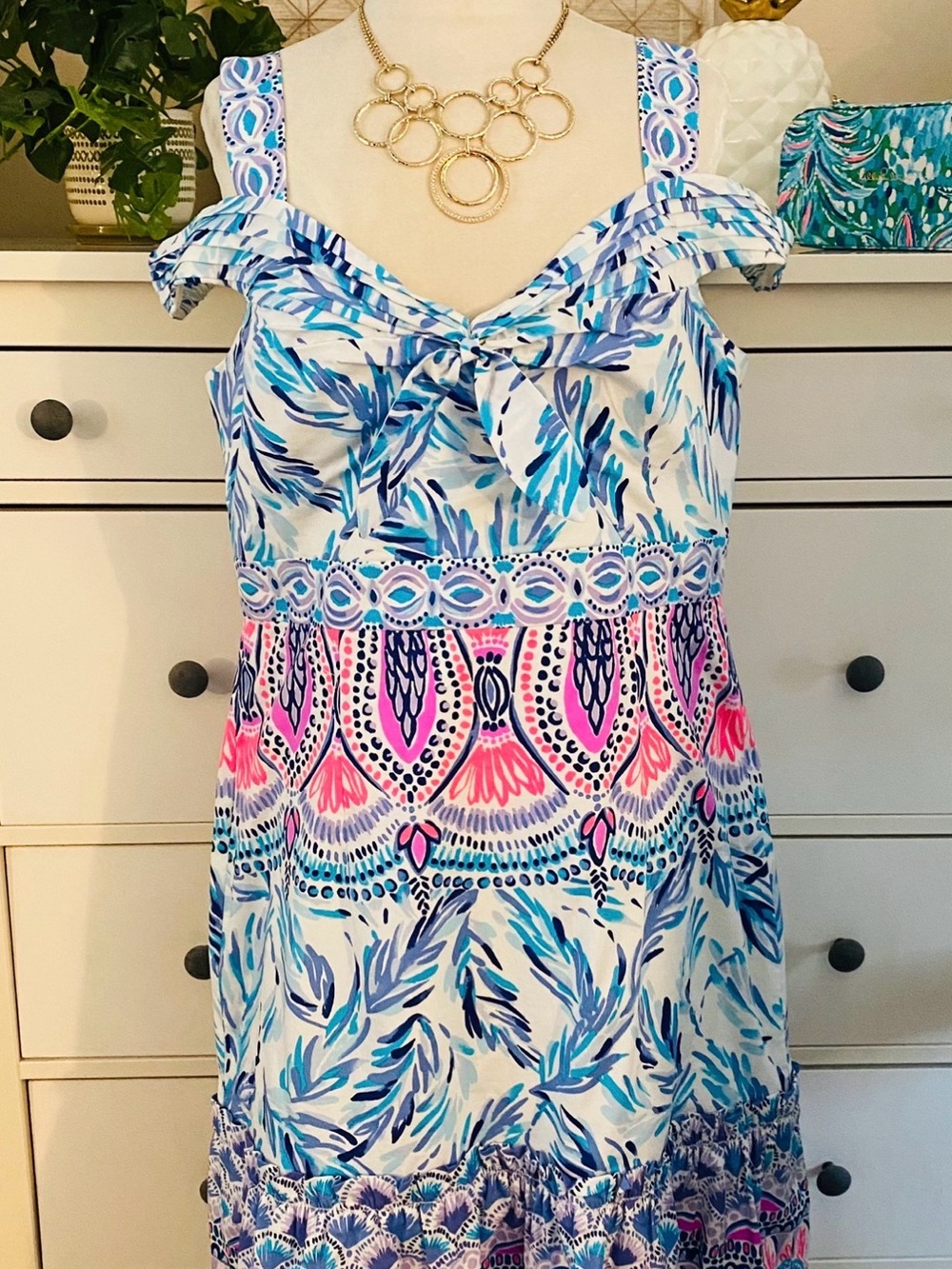 Lilly Pulitzer Blue and Pink Off-Shoulder Maxi Dress